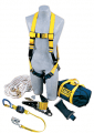 DBI-SALA 2104168 Roofer's fall protection kit includes 2103673 reusable roof anchor, 1103513 Delta® harness, 1246037 rope adjuster with lanyard, 1202794 50 ft. (15.2m) lifeline, 5901583 counterweight and 9511597 carrying bag.