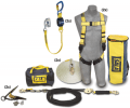 DBI-SALA 7611907 Roofer's fall protection kit for two workers includeing 7600505 Sayfline® 50 ft. (15.2m) horizontal lifeline, two 2103673 reusable roof anchors, two 1103513 Delta® harnesses, two 1246037 rope adjusters with lanyards, two 1202794 50 ft. (1