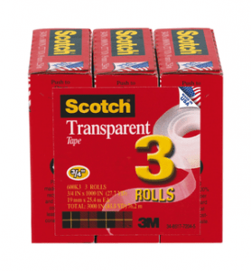 3M 600K3 Scotch Transparent Tape, 3/4 in x 1000 in (19 mm x 25,4 m) 3-Pack