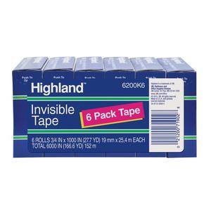 3M 6200K6 Highland Invisible Tape, 3/4 in x 1000 in (19 mm x 25,4 m) 6 Pack